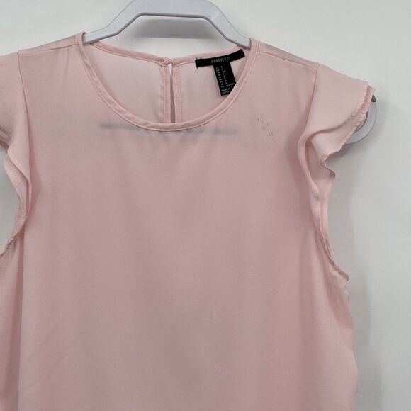 Forever 21 Womens Pink Round Neck Flutter Sleeve Chiffon Blouse Top Pink Small - Picture 2 of 8